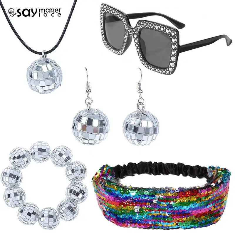 

1pcs/1set 1970s Black Framed Sunglasses Bling Headband Disco Accessories Disco Set Ball Earrings Necklace