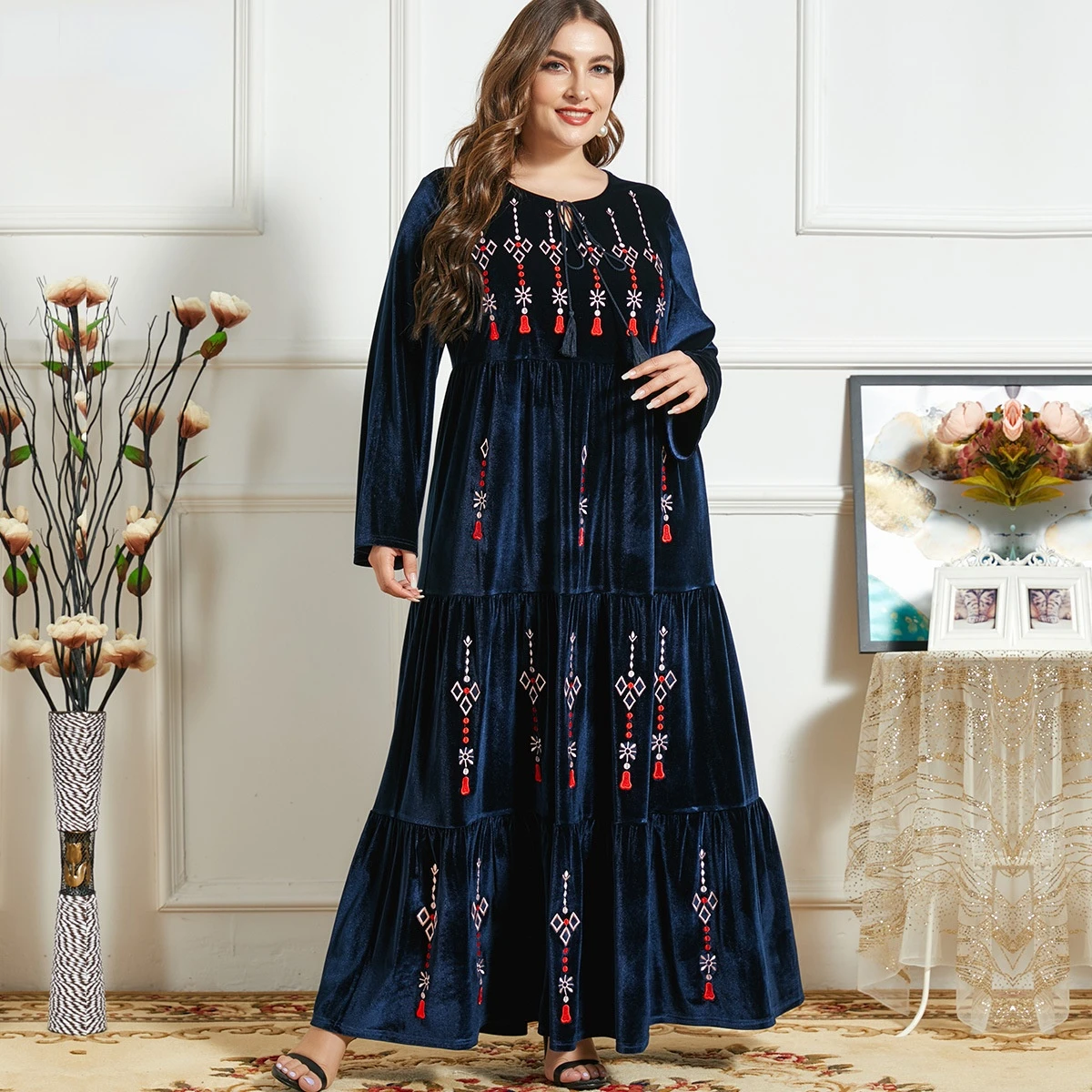 Мусульманское платье с вышивкой, женское толстое бархатное длинное платье с широкой юбкой в турецком стиле, одежда в исламском стиле, Caftan ...