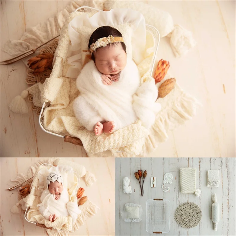 Newborn Baby Photography Props Vintage Iron Posing Basket Artificial Flowers Hat Wrap Blanket Mat Backdrop Photo Shooting Props
