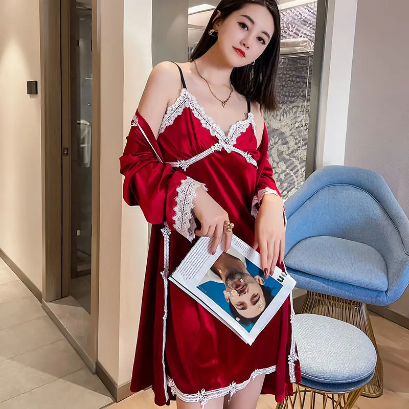 

Spring Autumn 2022 New Lace Women's Gold Velvet Sexy Lace Sleepwear Women's 2-pack Nightdress Nightgown W171