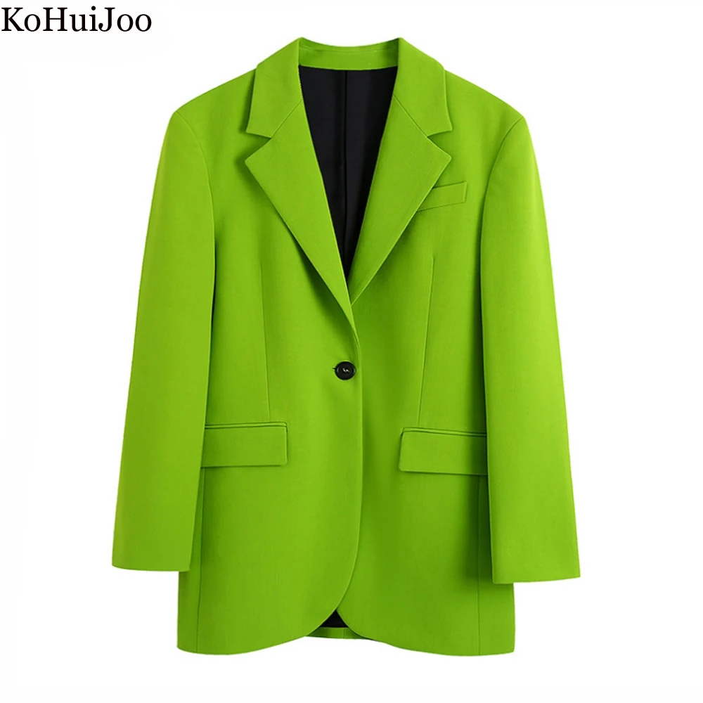 

KoHuiJoo 2022 Spring New Loose jackets Women Green Loose Long Sleeve Single Button Coat Blazers For Women Elegant Stylish