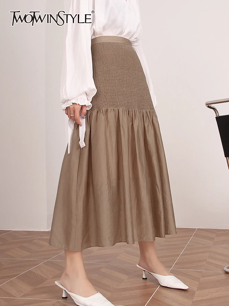 

TWOTWINSTYLE Vintage Patchwork Midi Skirt For Women High Waist Loose Ruched Solid Long Skirts Female Summer Clothing Style New