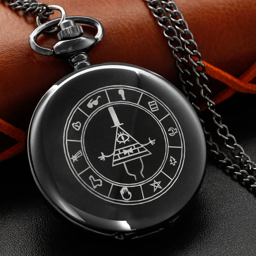 

Strange Mysterious Triangle Eye Mystery Symbol Quartz Pocket Watch Black Smooth Texture Chain Pendant Necklace Accessories Gift