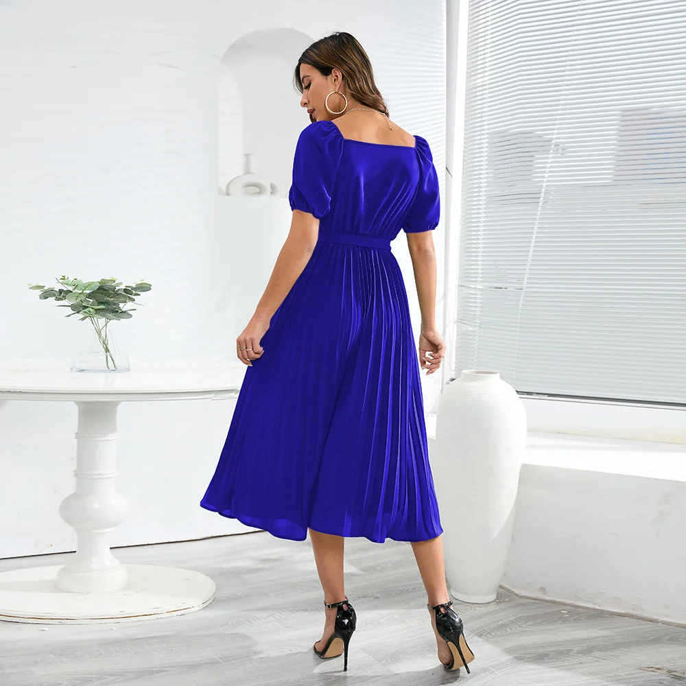 

Casual slim elegant sexy 2023 new dress,Women's lantern sleeve dress summer sexy V-neck pleated A-line skirt large skirt