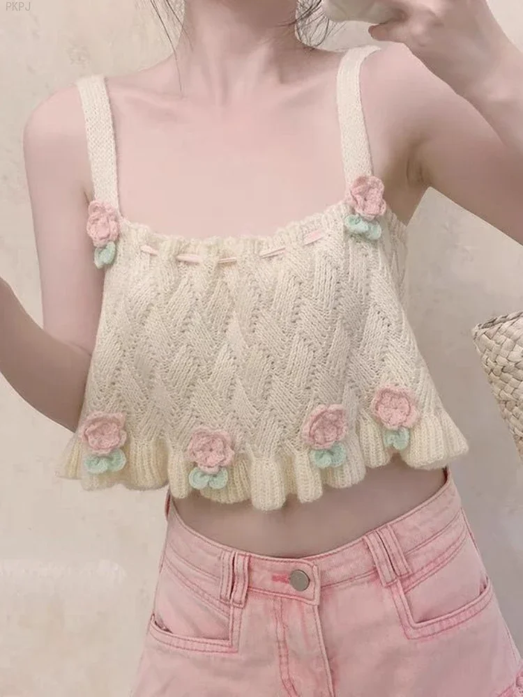 Трикотажный милый жилет Kawaii женский элегантный с цветами в японском стиле на