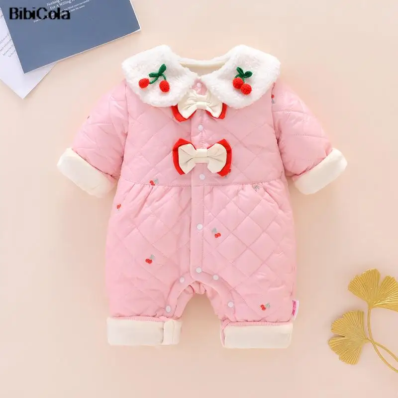 

Autumn Winter Warm Newborn Baby Girls Rompers Cherry Print Infant Baby Long Sleeve Jumpsuit Children Clothes with Bow 0-24M