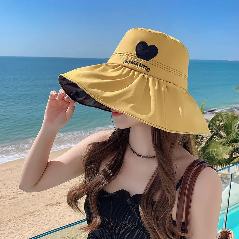 

Summer Korean version UV black glue sunscreen hat love fisherman hat resistant big brim basin hat small face covering basin hat