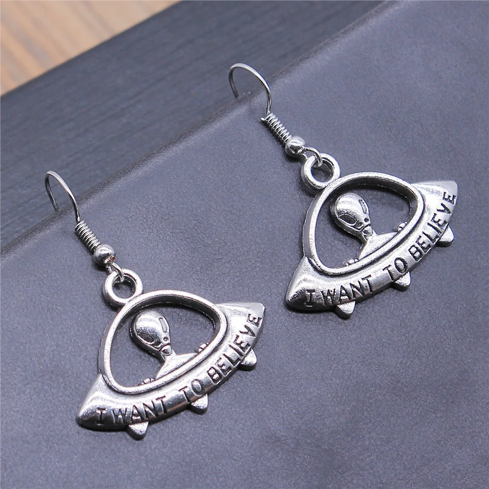 

Women Vintage Drop Earrings Fashion Handmade Simple Design 2 Colors I Want To Believe Ufo Pendant Earrings