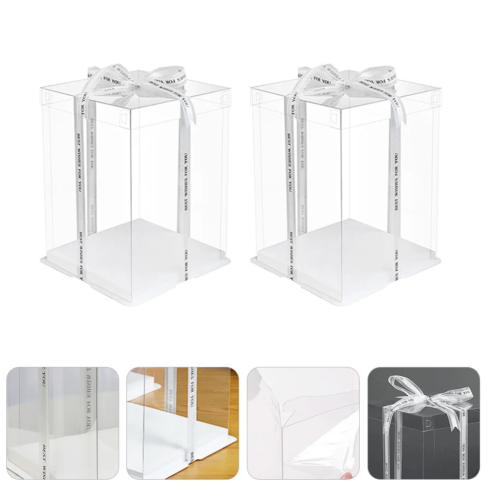 

2pcs 3 in 1 Clear Birthday Cake Box Cookie Container Gift Packaging Boxes Clear Cake Dessert Box Birthday Anniversary Wedding