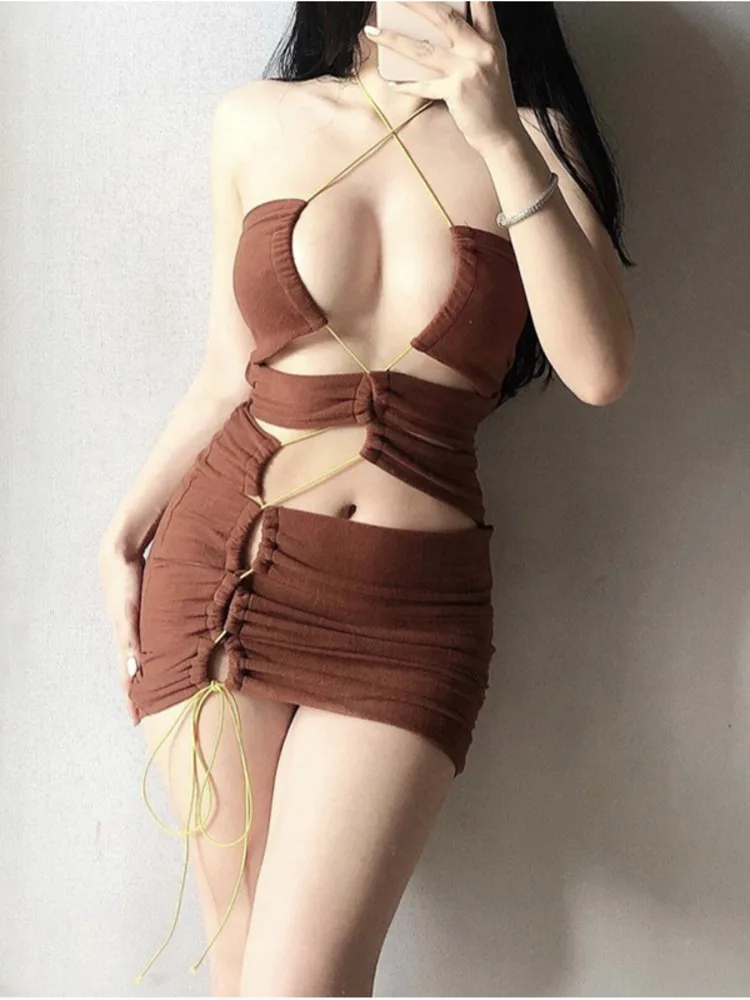 

WOMENGAGA Halter Neck Mini Tank Dress Hollowed Out Strap Hot Clothes New Summer Hot Sexy Korean Women Tops Sweet 2022 8YFJ