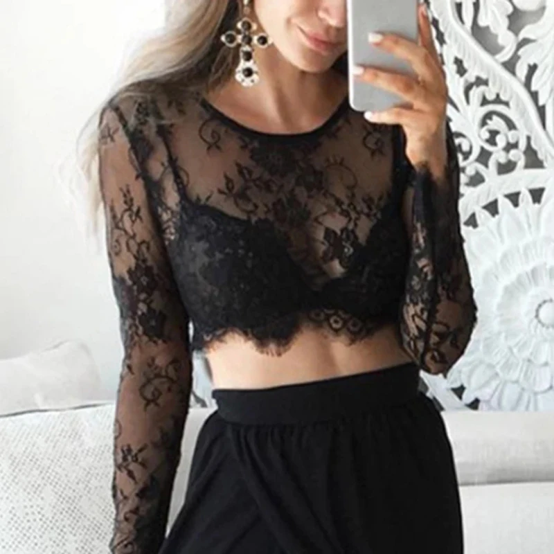 

Летняя кружевная блузка с цветочным рисунком, черный и белый топ с длинным рукавом, сексуальная женская рубашка, прозрачные укороченные топы, футболки, топы, облегающая женская футболка