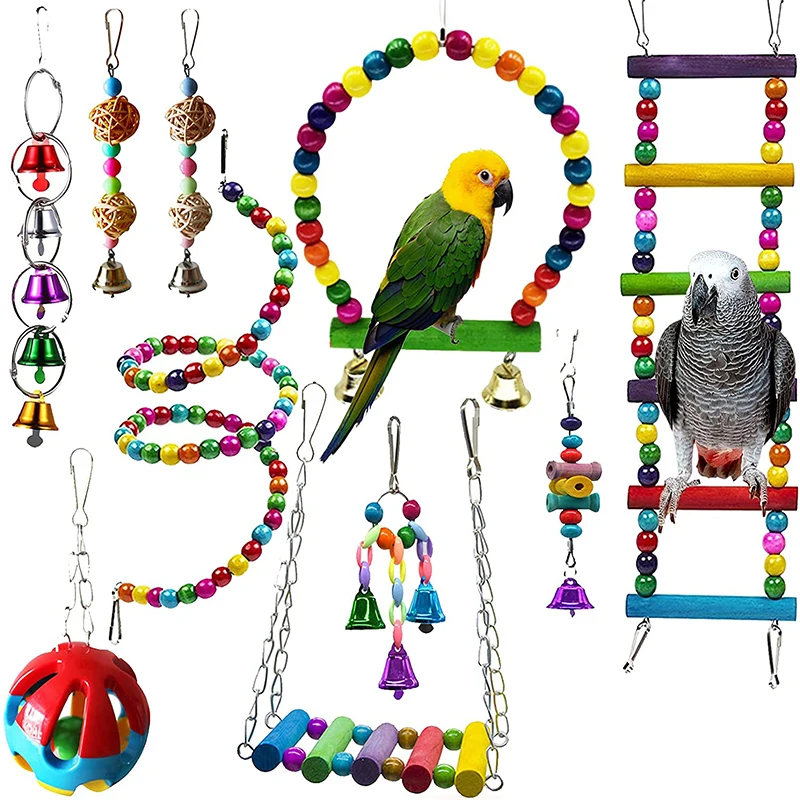 

10PCS Bird Swing Chewing Bite Toys Parrot Hammock Ball Bell Toys Parrot Cage Toy Bird Perch Wood Beads Bridge Hanging Parakeets