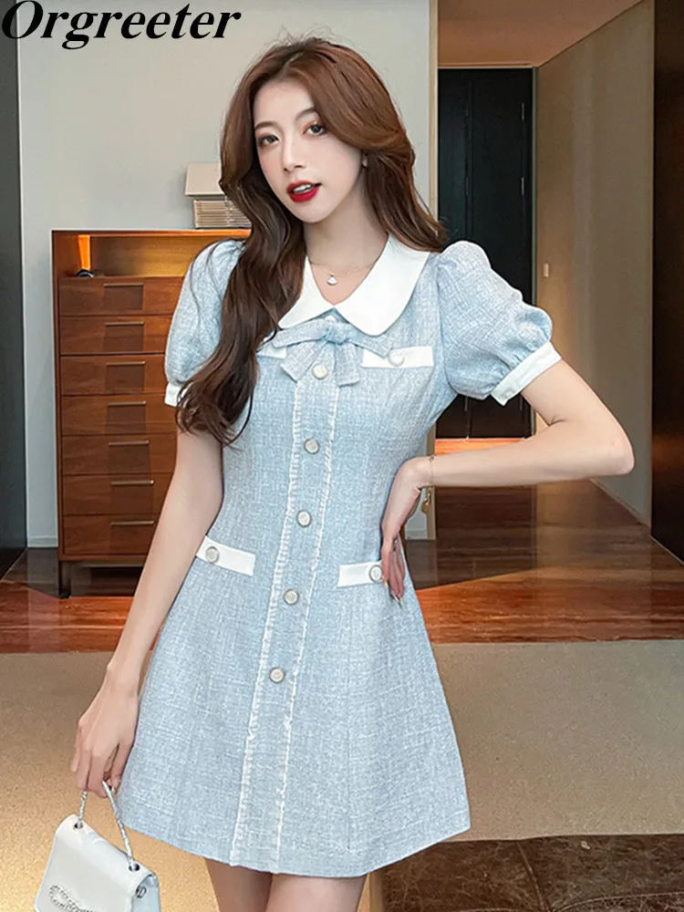 

High Quality Fashion Elegant Tweed Dress Women Sweet Doll Collar Bowknot Slim fit Short Sleeve Summer Dress Vestidos De Mujer