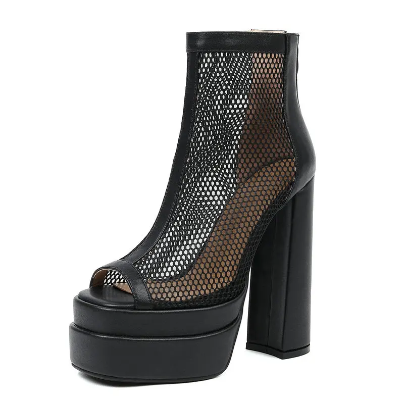 

Breathable Mesh Hollow Out Ankle Boots Women High Heels Platform Pumps Summer Leather Thick Sole Back Zipper Ladies Sandals