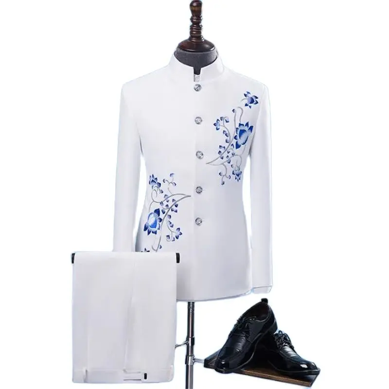 Retro blazer men formal dress latest coat pant designs suit men chinese tunic suit stand collar wedding suits for men's white