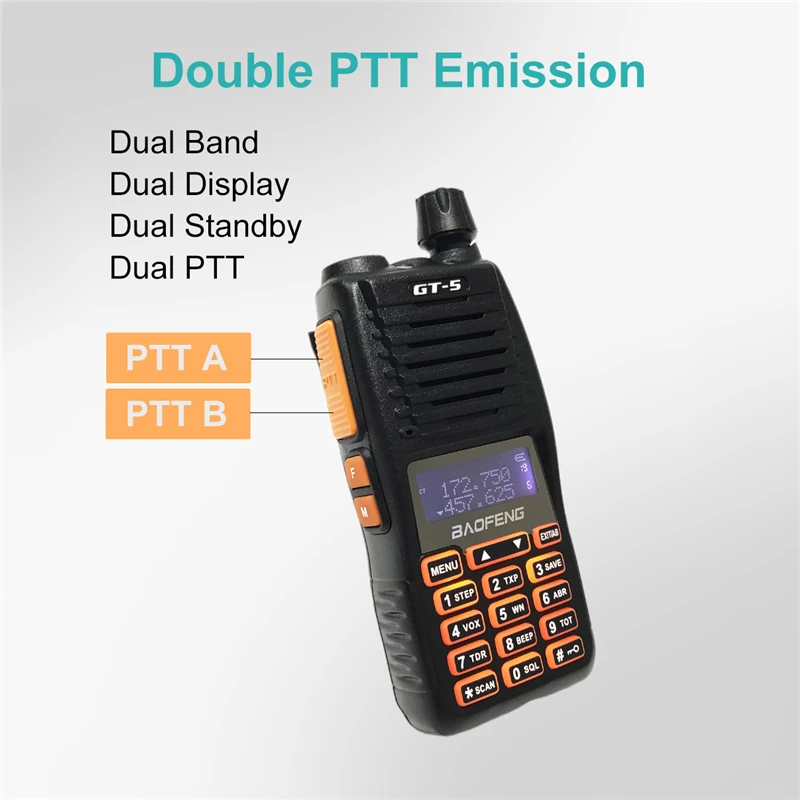 BAOFENG GT-5 12W Power New Portable 2 Way Radio Dual PTT Walkie Talkie waterproof IP55  Hunting Transceiver Dual-Band Intercom