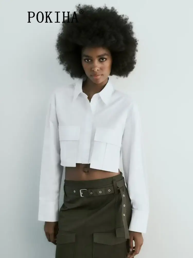 

Pokiha Fashion Women New Elegant Side Pockets Cropped Blouses Casual Long Sleeve Front Button Female Shirts Blusas Chic Tops