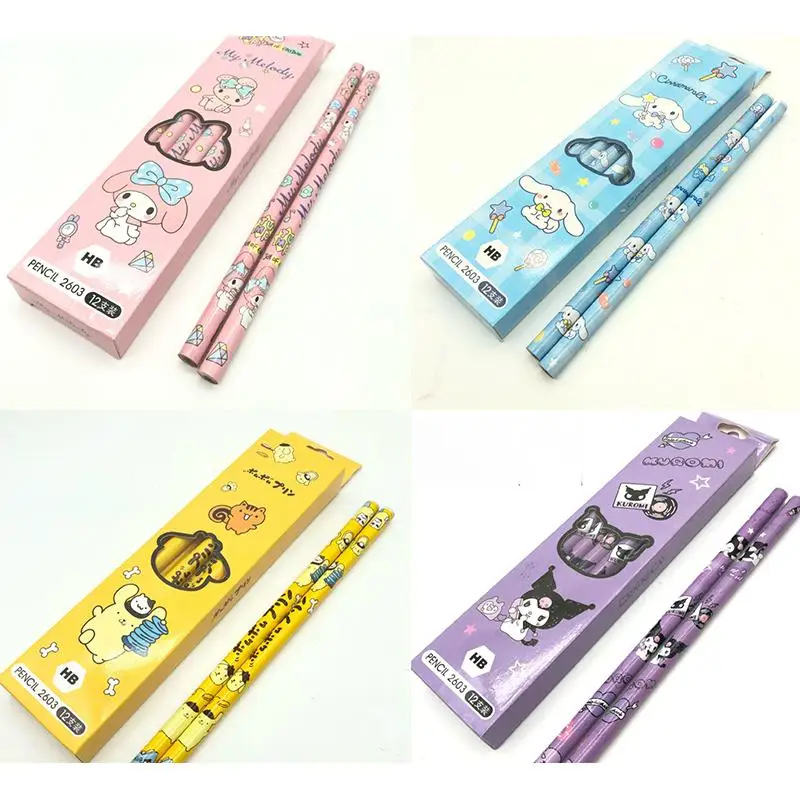 

12pcs Sanrio Pencil Kawaii Mymelody Kuromi Cinnamoroll Cartoon Box Student HB Pencil Lovely Children's Writing Pen Gift