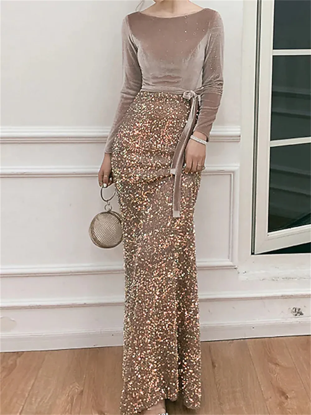 

Mermaid Sparkle Sexy Wedding Guest Prom Dress Boat Neck Long Sleeve Floor Length Sequined robes de soirée with Bow Sequin 2022