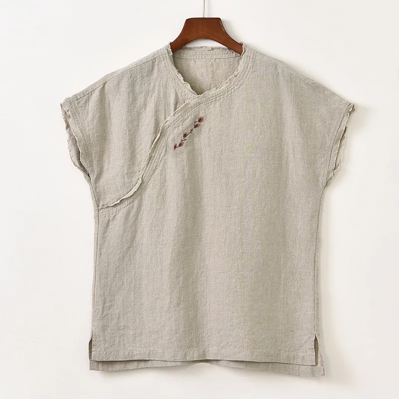 

EMBELLIKE Embroidery Linen Tops Blouse Women Vintage Short Sleeve Shirt Summer