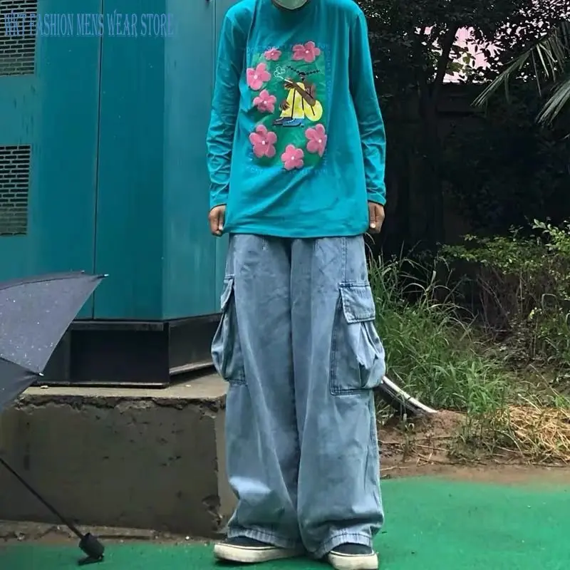 Retro Workwear Jeans Men's Clothing Loose Straight Wide-Leg Harajuku Style Bloomers Cargo Streetwear Pants for Men Drawstring