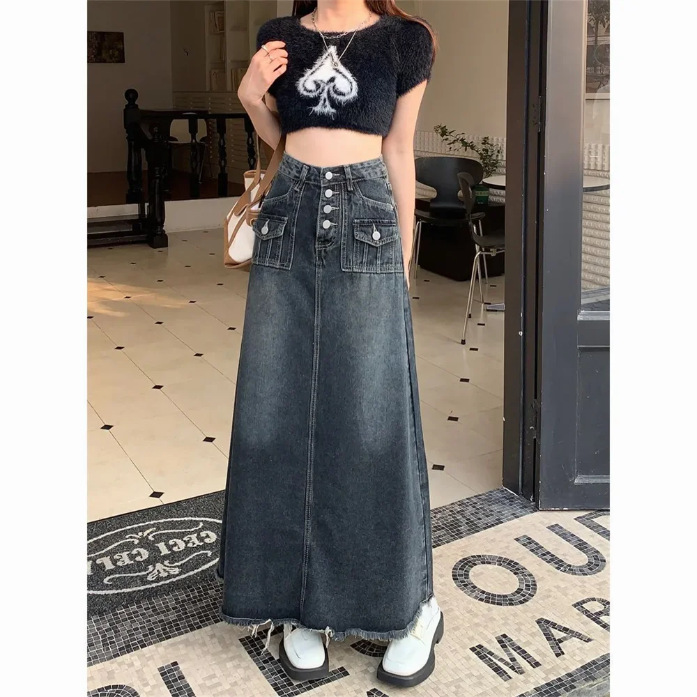 Женская джинсовая юбка с потертостями длинная свободная карманами и высокой