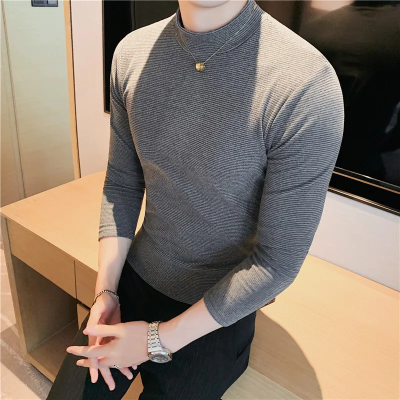 

2021 Autumn Winter Fleece T-shirt Men Long Sleeve Slim Fit Casual T Shirt Half Turtleneck Striped Bottoming Shirt Men Clothing