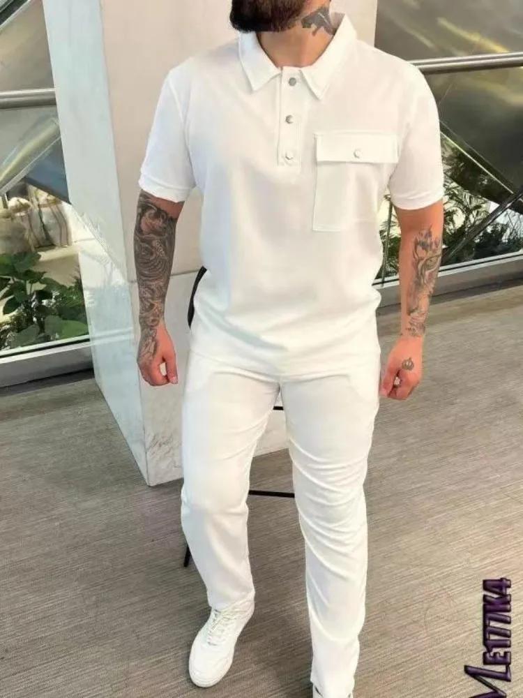 

Men's new short sleeve classic solid color T-shirt casual loose casual suit spring autumn men's fashion pocket polo shirt + trou