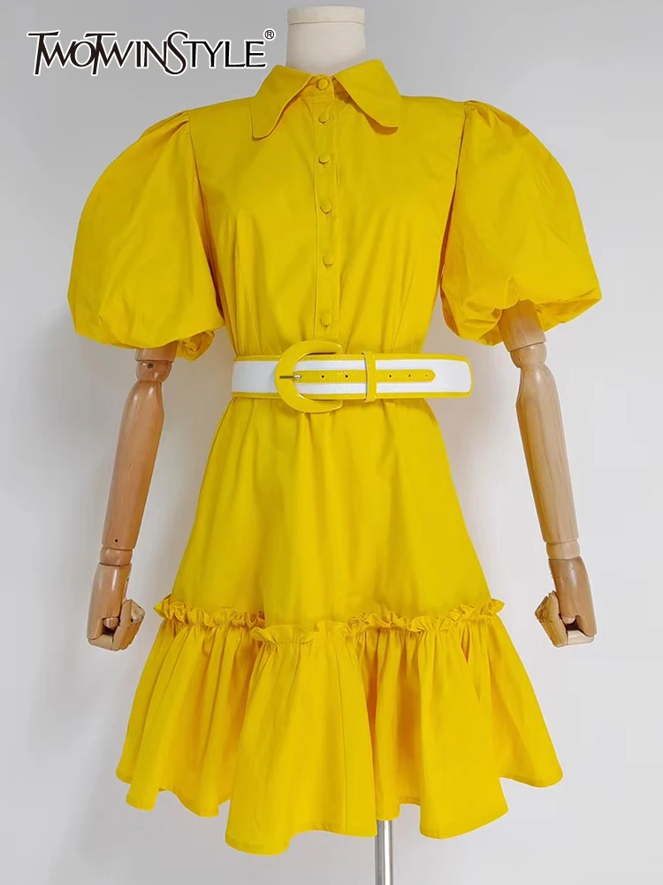 

Twotwin2 Стильное повседневное свободное платье для женщин с отворотом, пышным рукавом, высокой талией, однотонные Мини платья, женская летняя ...