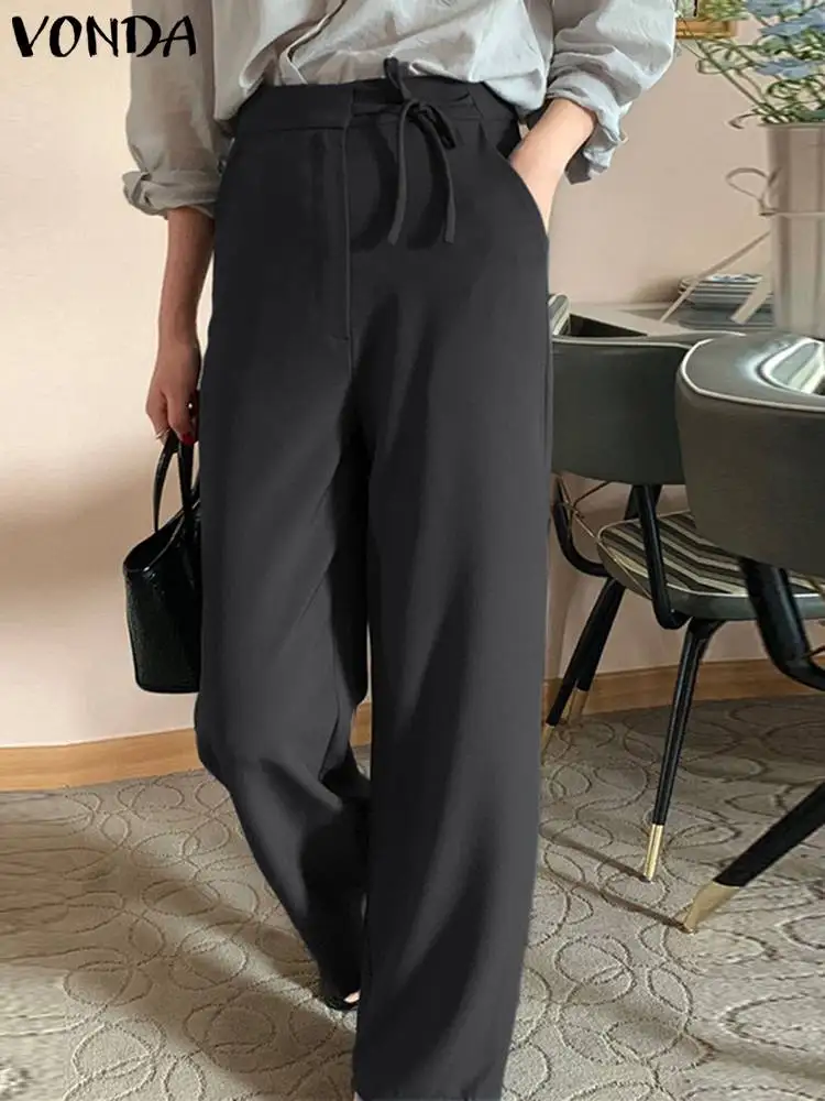 

Fashion Long Pants VONDA Elegant Women Pants 2022 Autumn Office Lady Wide Leg Pants Zipper Casual Loose Solid Bandage Bottoms