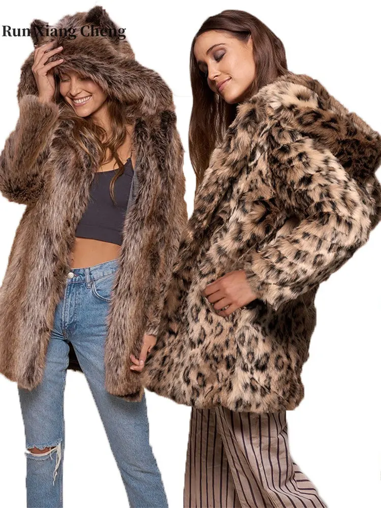 Women's Long Faux Fur Coat 2023 Women's Winter Furry Jackets New Elegant Stuffed Coat Woman Luxury Designer Plush Coat with Hat