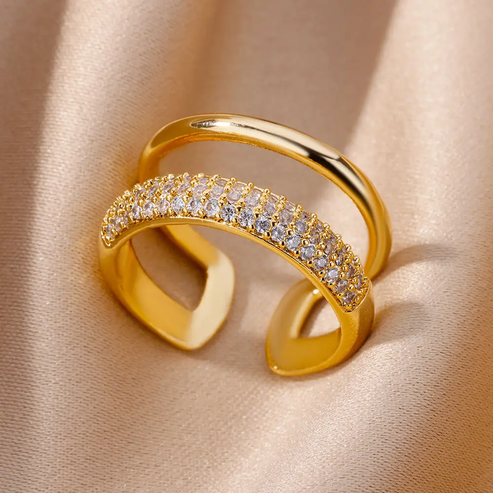 

Stainless Steel Double Layer Rings for Women Opening Gold Color Cubic Zircon Ring Luxury Jewelry Wedding Party Gifts anillos