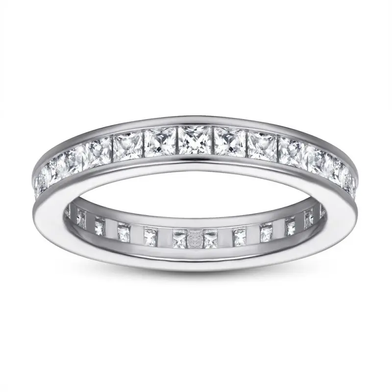 

925 Sterling Silver High Polish Princess Cut 2mm Cubic Zirconia CZ Ladies Eternity Titanium Stackable Ring Wedding Band Fine Jew