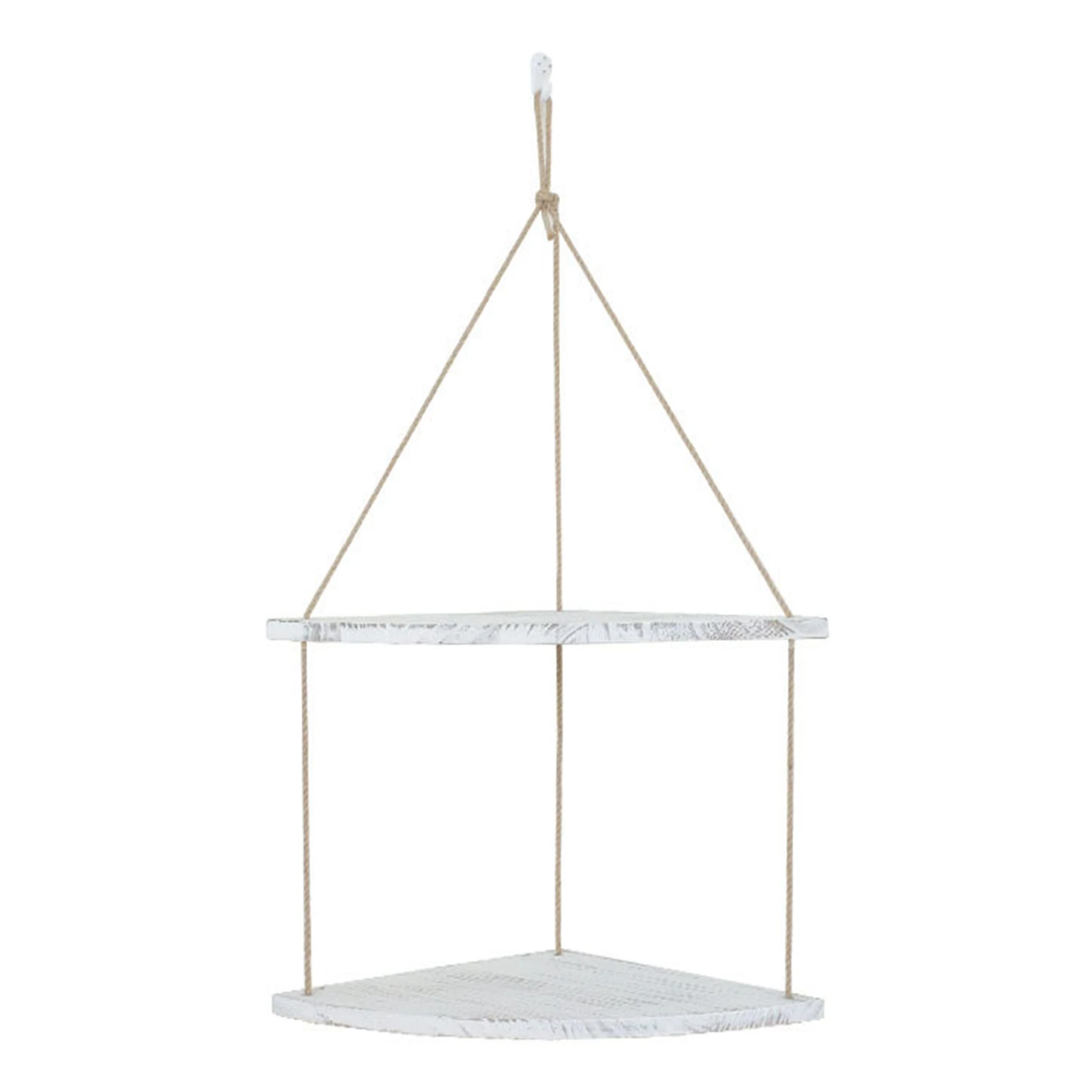 

2 Layers Retro Rope Wood Hanging Rack Corner Wall Shelf House Storage Organizer Ladder Floating Corner Shelf - White