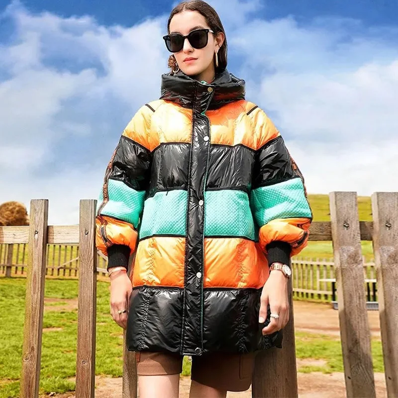 Winter Fashion Goose Down Jackets Women 2022 New Long Hooded Candy Color Mosaic Tide Loose Thick Warm Temperament Coats Female