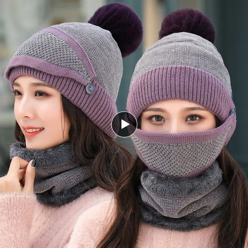 

Winter Knitted Beanies Hat Women Kullies Hats With Bib Mask Female Winter Velvet Thick Warm Knitted Wool Cycling Bonnet Sets