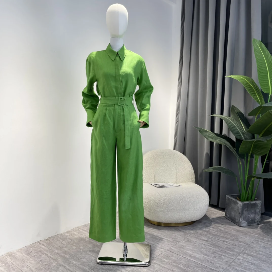 

2022 Autumn Bright Green Turn Down Collar Loose Blouses Wide Leg Pants Linen Clothes Two Piece Sets for Women