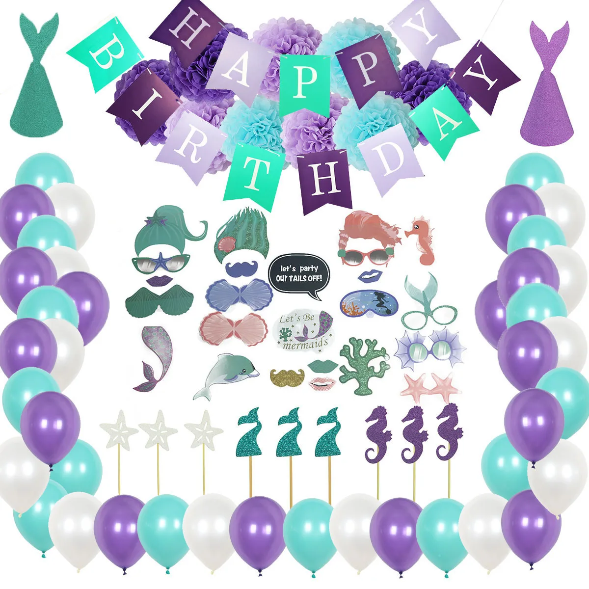 

SURSURPIRSE Mermaid Themed Birthday Party Decorations Supplies Purple Teal Latex Balloons Banner Cake Toppers Photo Props