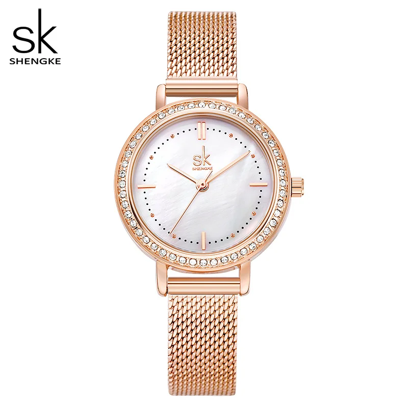 

Shengke Relogio Feminino Luxury Adjustable Mesh Band Rosegold Case With Crystal Decorated Unique Shell Dial Watch For Women