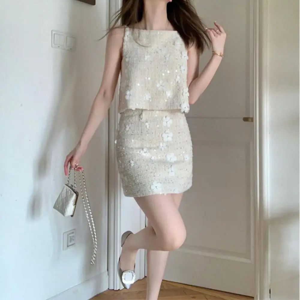 Женский твидовый костюм с блестками трикотажный трехмерный костюм-двойка и