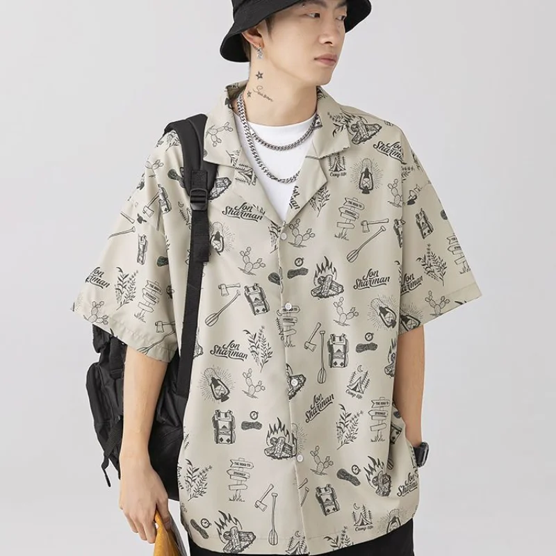

Винтажная забавная рубашка с мультяшным принтом, Мужская блузка оверсайз на пуговицах, топы в стиле хип-хоп с коротким рукавом, летняя уличная одежда в стиле Харадзюку