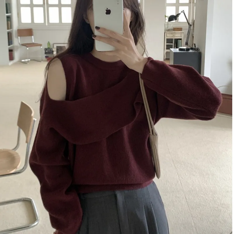 

Женский трикотажный свитер с открытыми плечами, Нежный свитер с открытыми плечами в стиле ретро, для ленивых и пожилых людей, одежда для весны и осени