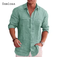 plus size 3xl men fashion linen shirts clothing 2022 single breasted tops casual beach shirt long sleeve pocket design blouse