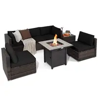 Costway 7PCS Patio Rattan Furniture Set 30" Fire Pit Table Cover Cushion Sofa Black