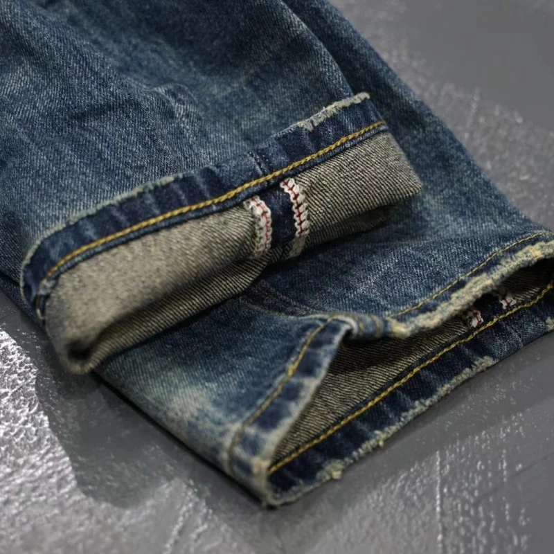 Heavy cotton Japanese retro jeans, men's small straight pants, casual old frock pants.