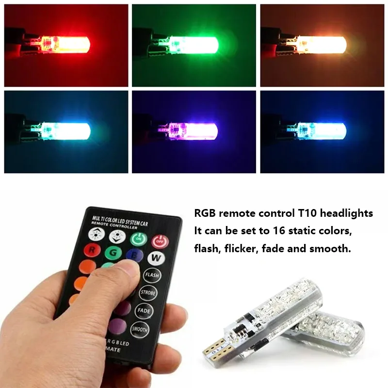 Фото 2 шт. T10 RGB LED лампы для габаритных огней - 6 SMD 5050 CANbus для автомобиля с пультом ДУ, мигающие клиновидные лампы для габаритных огней №3