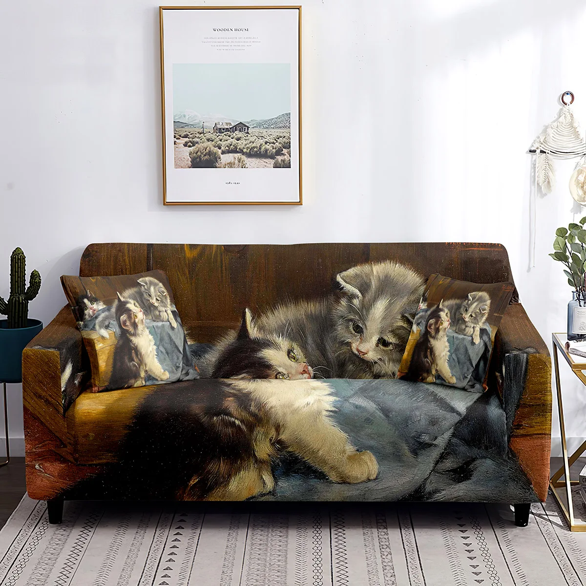 

Oil Painting Sofa Cover Lovely White Cat Family Stretch Cushion Slipcovers Non Slip Washable Furniture Protector for Living Room