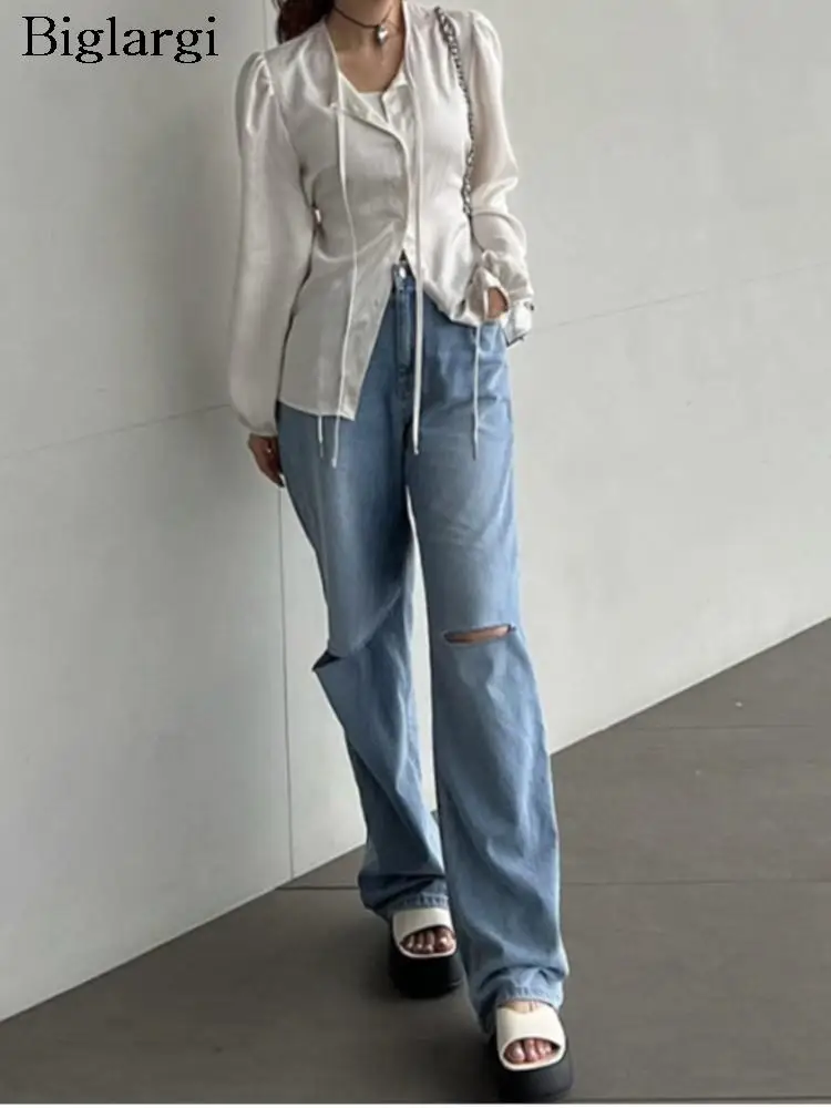 

Jeans Autumn Winter Long Pant Women Hole Fashion Korean Style Loose Ladies Trousers Wide Leg Pleated High Waist Woman Pants 2023