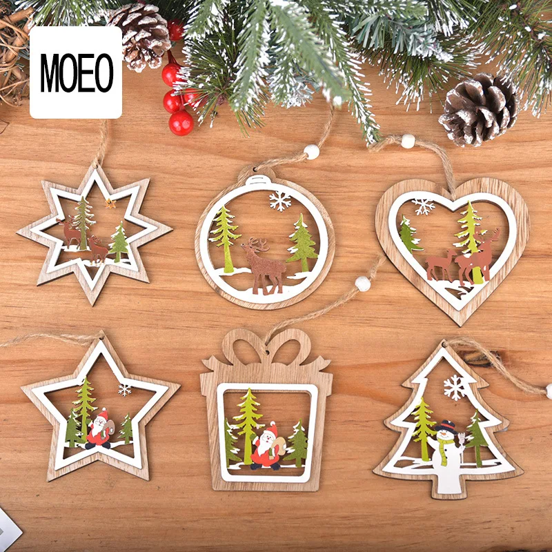 

New Year 2022 1PCS Christmas Ornament Wooden Hanging Pendants Star Xmas Tree Bell Christmas Decorations For Home Navidad