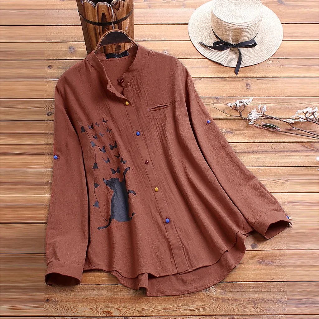 

Women Casual Cat Print Long Sleeve Blouse Colorful Button Shirt Top Blouse